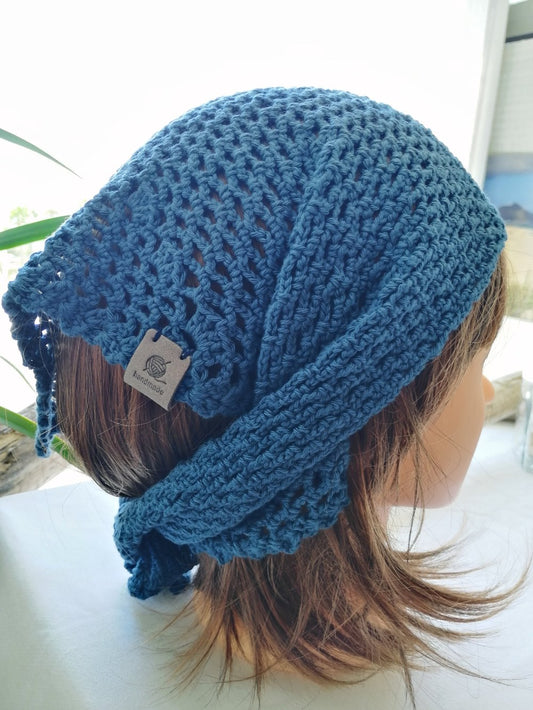 Bandana Tessa fait main au crochet couleur bleu jean